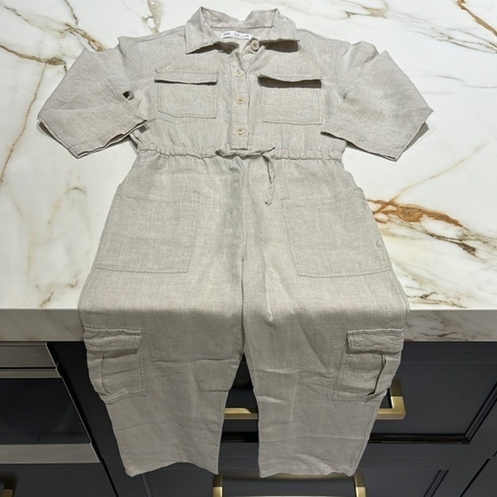 Zara Beige Linen Jumpsuit with Pockets